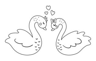 Vector cute black and white swans pair. Loving couple illustration. Love relationship or family concept. Romantic birds isolated on white background. Funny Valentine day line characters.