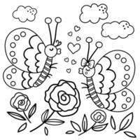 Vector Saint Valentine day black and white background with cute insects. Funny scene with two enamored butterflies in the garden. Funny illustration or coloring page for kids with love concept.