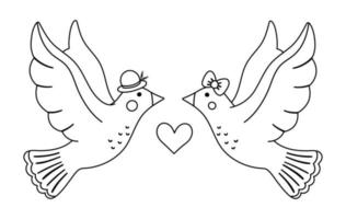 Vector cute black and white doves pair. Loving couple illustration. Love relationship or family concept. Romantic birds isolated on white background. Funny Valentine day line characters.