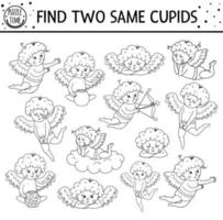 Find two same cupids. Holiday black and white matching activity for children. Funny educational Saint Valentine day logical quiz worksheet for kids. Simple printable game or coloring page vector