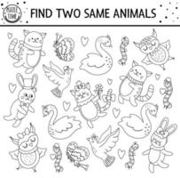 encontrar dos mismos animales. Actividad de emparejamiento de vacaciones en blanco y negro para niños. Divertida hoja de trabajo de prueba lógica educativa del día de San Valentín para niños. simple juego imprimible o página para colorear vector