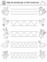 Vector Saint Valentine handwriting practice worksheet. February printable black and white activity for pre-school children. Educational tracing game for writing skills with cute animal pairs