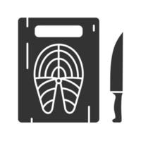 Cutting board with fish steak and knife glyph icon. Silhouette symbol. Negative space. Vector isolated illustration