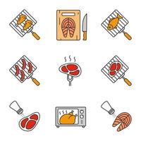 Food preparation color icons set. Barbecue. Grilling, salting, cutting, fish cooking in microwave oven, meat and sausages. Isolated vector illustrations