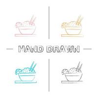 Rice with shrimps hand drawn icons set. Chinese fried rice in bowl and chopsticks. Color brush stroke. Isolated vector sketchy illustrations