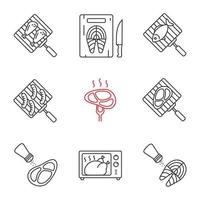 Food preparation linear icons set. Barbecue. Grilling, salting, cutting, fish cooking in microwave oven, meat and sausages. Thin line contour symbols. Isolated vector outline illustrations
