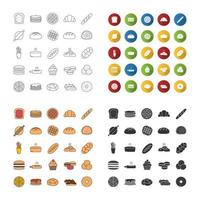 Bakery icons set. Pastry. Confectionery. Bread, buns, cookies, macaron, pancakes. Linear, flat design, color and glyph styles. isolated vector illustrations