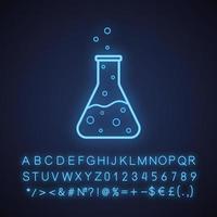 Laboratory flask neon light icon. Chemical vessel. Glowing sign with alphabet, numbers and symbols. Vector isolated illustration