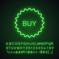 Buy sticker neon light icon. Shopping. Glowing sign with alphabet, numbers and symbols. Vector isolated illustration