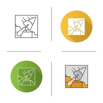 Brick wall with triangular shovel icon. Putty knife, spatula. Cement solution. Flat design, linear and color styles. Isolated vector illustrations