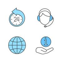 Information center color icons set. Reschedule, globe, helpdesk, call center operator. Isolated vector illustrations