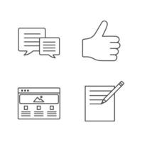 Information center linear icons set. Chatting, taking notes, thumbs up, web page. Thin line contour symbols. Isolated vector outline illustrations