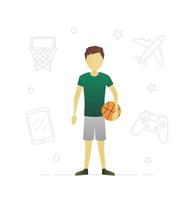 Little boy with basketball ball flat character design. Childhood. Outdoor activity. Vector isolated illustration