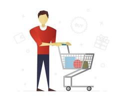 Consumer flat character design. Doing purchases. Man with shopping cart. Vector isolated illustration