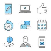 Information center color icons set. Link, laptop, like, reschedule, mailing, calendar, helpdesk, hotline, incoming message. Isolated vector illustrations