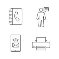 Information center linear icons set. Telephone book, announcement, incoming message, printer. Thin line contour symbols. Isolated vector outline illustrations