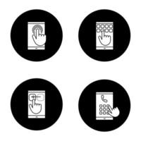 Smartphone touchscreen glyph icons set. Double tap touch and drag gesture, phone number dialing, keypad. Vector white silhouettes illustrations in black circles