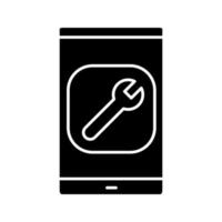 Smartphone settings glyph icon. Phone display with spanner. Silhouette symbol. Negative space. Vector isolated illustration