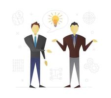 Businessmen discussing business idea flat character design. Startuppers. Business partners making decision or solving problem. Coworking. Vector isolated illustration