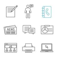 Information center linear icons set. Notepad, announcement, phone book, news, chat, ID card, web page, printer, laptop. Thin line contour symbols. Isolated vector outline illustrations