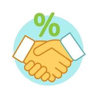 Successful deal color icon. Business partnership. Handshake and percent sign. Isolated vector illustration