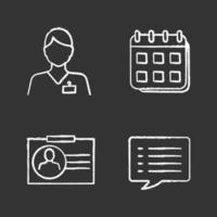 Information center chalk icons set. Calendar, speech bubble, call center operator, ID card. Isolated vector chalkboard illustrations