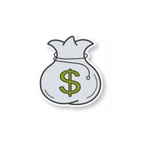 Bag with money patch. Sack with rope and dollar sign. Color sticker. Vector isolated illustration
