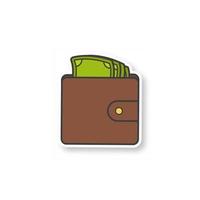 Wallet with money patch. Purse full of cash. Color sticker. Vector isolated illustration