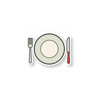 Eatery patch. Fork, table knife and plate. Tableware set. Color sticker. Vector isolated illustration