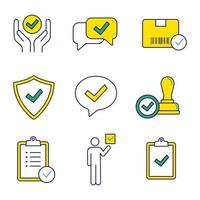 Approve color icons set. Quality service, approved chat, delivery, security, dialog, stamp, task planning, voter, clipboard with checkmark. Isolated vector illustrations