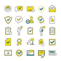 Approve color icons set. Quality assurance. Verification and validation. Confirmation. Certificates, awards, quality badges with checkmarks. Isolated vector illustrations