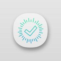 Checkmark app icon. Successfully tested. Tick mark. Quality assurance. UI UX interface. Approved. Verification and validation. Quality badge. Web or mobile application. Vector isolated illustration