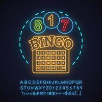 Icono de concepto de luz de neón de juego de bingo. lotería, idea de lotería. casino. signo brillante con alfabeto, números y símbolos. vector ilustración aislada