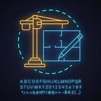 Construction industry neon light concept icon. Architecture idea. Glowing sign with alphabet, numbers and symbols. Vector isolated illustration