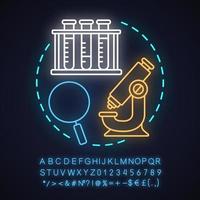 Science laboratory neon light concept icon. Microbiology idea. Microscope, magnifying glass, test tubes rack. Glowing sign with alphabet, numbers and symbols. Vector isolated illustration