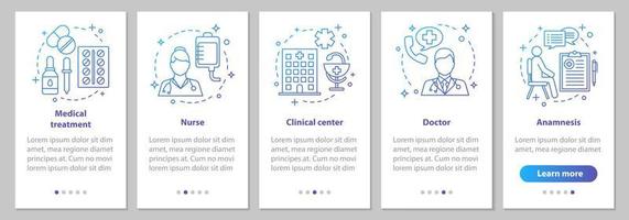 pantalla de la página de la aplicación móvil de incorporación de medicina y atención médica con conceptos lineales. médico, enfermera, clínica, tratamiento, anamnesis. Instrucciones gráficas de pasos de servicio médico. ux, ui, gui ilustración vectorial vector