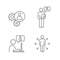 Business management linear icons set. Teamwork, online job interview, chatting, decision management. Thin line contour symbols. Isolated vector outline illustrations. Editable stroke