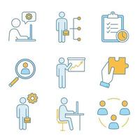 Business management color icons set. Technical chat, employee skills, task planning, staff searching, presentation, solution, manager, office, teamwork. Isolated vector illustrations