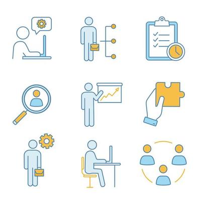 Business management color icons set. Technical chat, employee skills, task planning, staff searching, presentation, solution, manager, office, teamwork. Isolated vector illustrations