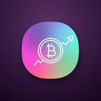 Bitcoin market growth chart app icon. UI UX user interface. Cryptocurrency prices rising. Statistics diagram with bitcoin sign. Web or mobile application. Vector isolated illustration