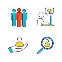Business management color icons set. Team, technical support, staff searching, HR management. Isolated vector illustrations