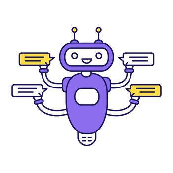 Chatbot with four speech bubbles color icon. Talkbot chatting to several users. Customer support service. Modern robot. Isolated vector illustration