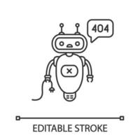 Not found error chatbot linear icon. Thin line illustration. Talkbot with error 404 in chat box. Website error page online assistant. Contour symbol. Vector isolated outline drawing. Editable stroke