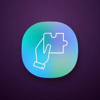 Finding solution app icon. UI UX user interface. Problem solving. Teamwork. Hand holding puzzle. Web or mobile application. Vector isolated illustration