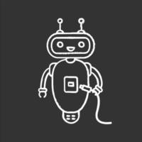 Chatbot with USB cable chalk icon. Talkbot with USB slot plugs to cable. Modern robot. Virtual assistant. Online helper. Isolated vector chalkboard illustration