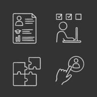 Business management chalk icons set. Resume, online training, solution searching, staff hiring button. Isolated vector chalkboard illustrations