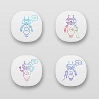 Chatbots app icons set. UI UX user interface. Talkbots. Virtual assistants. Typing, USB, question, not found chat bots. Modern robots. Web or mobile applications. Vector isolated illustrations