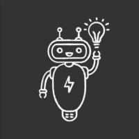 New idea chatbot chalk icon. Talkbot with lightbulb. Virtual assistant. Modern robot. Online support chat bot. Isolated vector chalkboard illustration