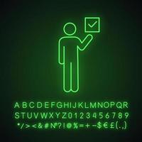 Voter neon light icon. Electorate. Make choice. Person holding checkbox. Expressing opinion. Glowing sign with alphabet, numbers and symbols. Vector isolated illustration