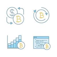 Bitcoin cryptocurrency color icons set. Currency exchange, bitcoin refund, market growth chart, mining software. Isolated vector illustrations